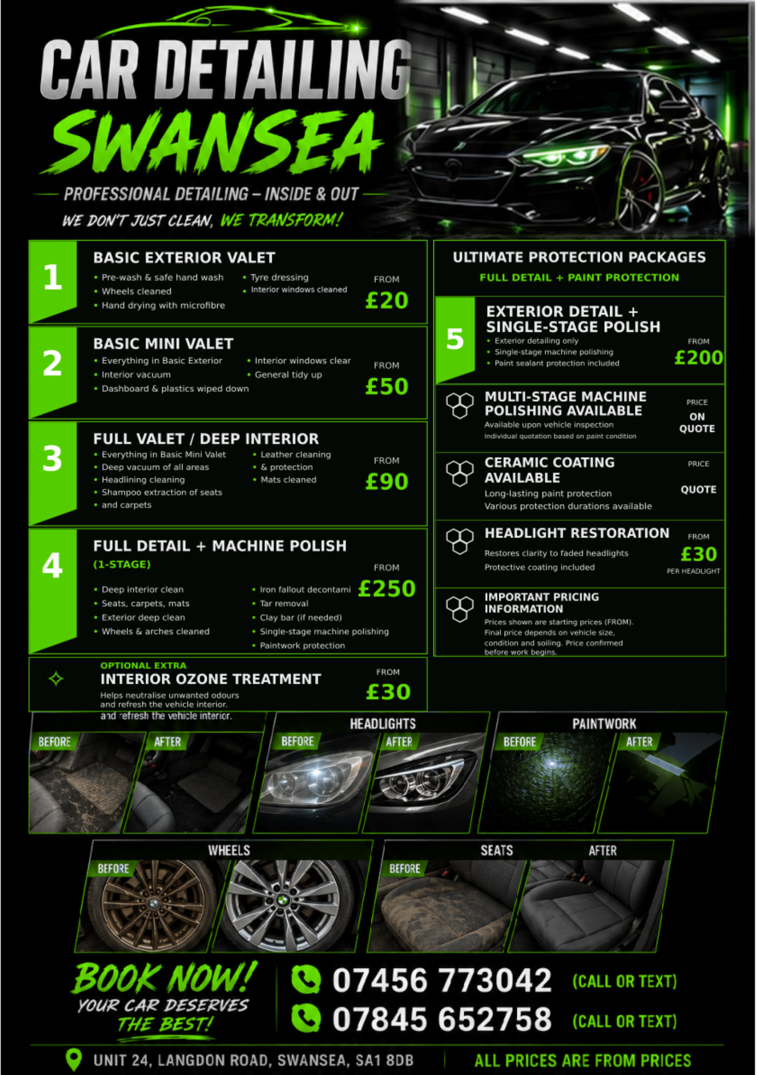 Approved Car Detailing Swansea services and prices, page 1 of 2. Open to zoom.